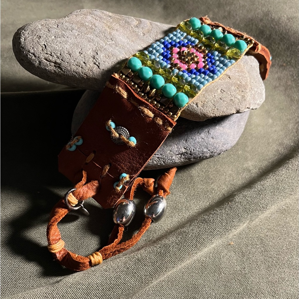 Beaded boho style leather cuff bracelet
